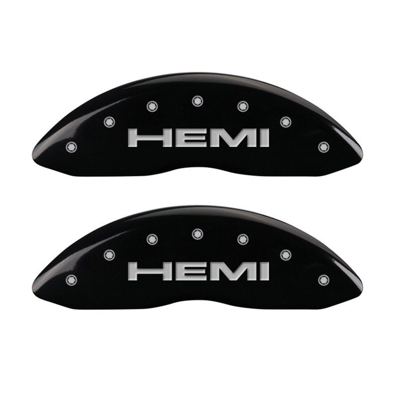 Load image into Gallery viewer, MGP 4 Caliper Covers Engraved Front &amp; Rear Hemi Black finish silver ch
