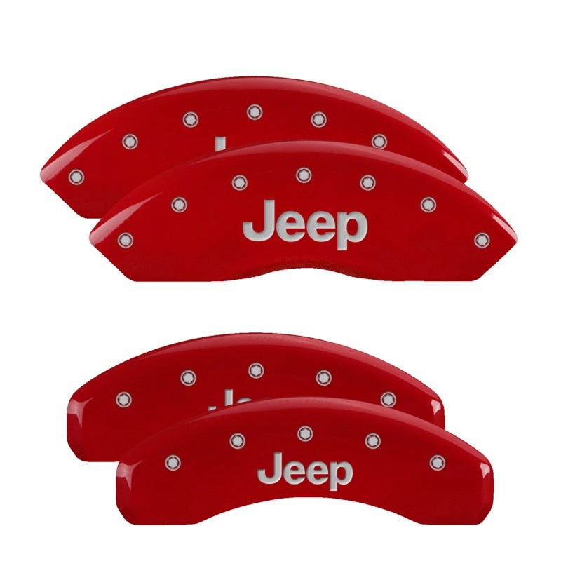 Load image into Gallery viewer, MGP 4 Caliper Covers Engraved Front &amp; Rear JEEP Red finish silver ch
