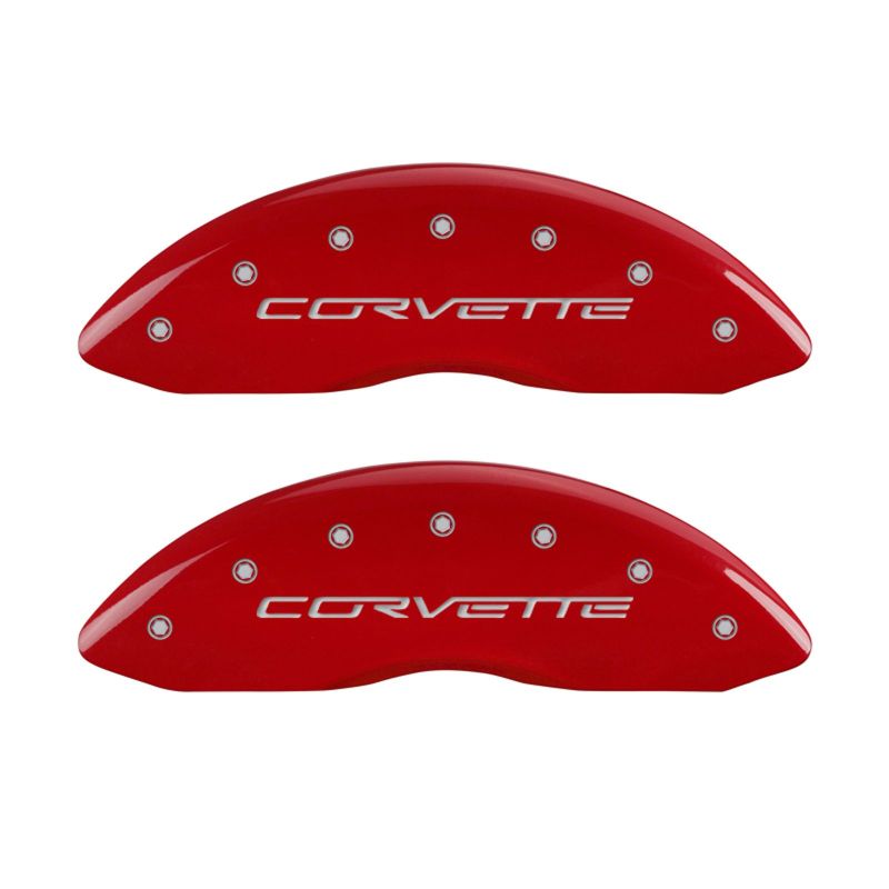 Load image into Gallery viewer, MGP 4 Caliper Covers Engraved Front &amp; Rear C6/Corvette Red finish silver ch
