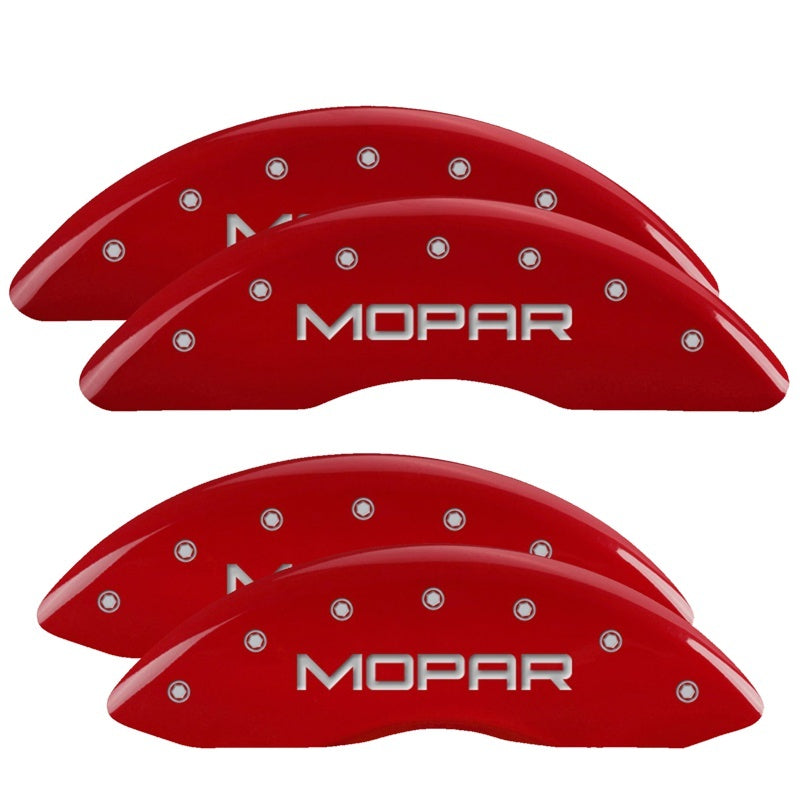 Load image into Gallery viewer, MGP 4 Caliper Covers Engraved Front &amp; Rear MOPAR Red finish silver ch
