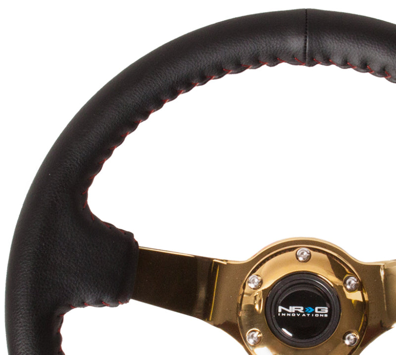 Load image into Gallery viewer, NRG Reinforced Steering Wheel (350mm / 3in. Deep) Blk Leather/Red BBall Stitch w/4mm Gold Spokes
