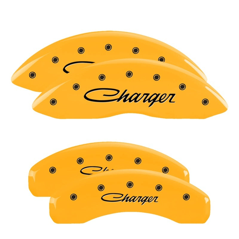 Load image into Gallery viewer, MGP 4 Caliper Covers Engraved Front &amp; Rear Cursive/Charger Yellow finish black ch
