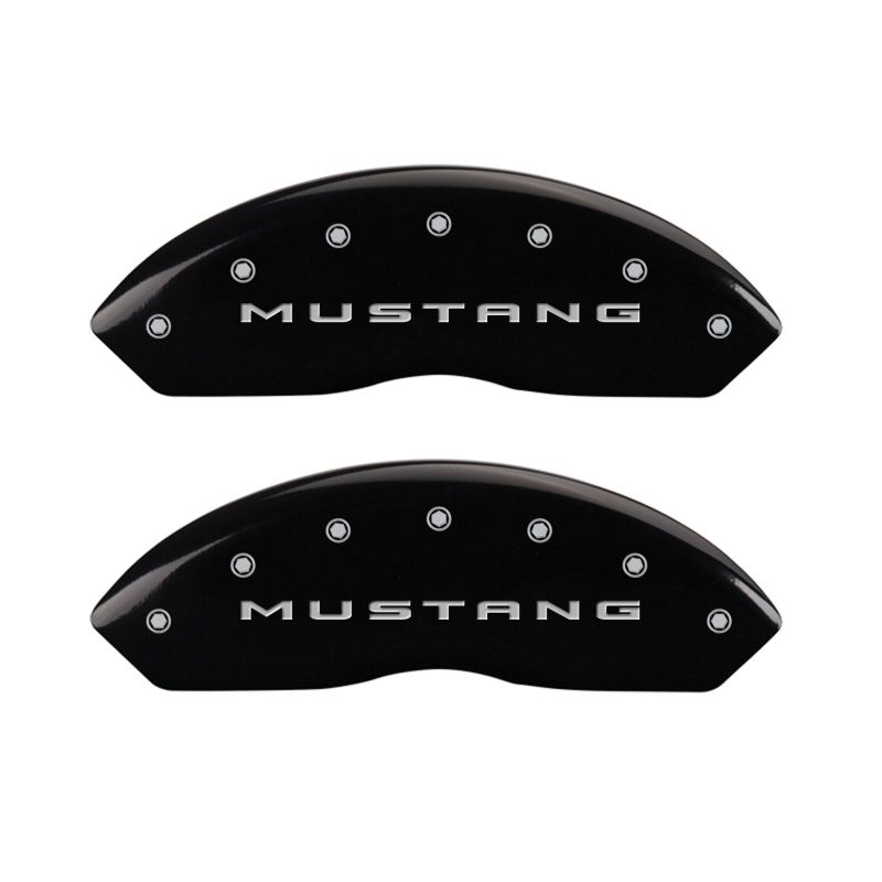 Load image into Gallery viewer, MGP 4 Caliper Covers Engraved Front 2015/Mustang Engraved Rear 2015/37 Black finish silver ch
