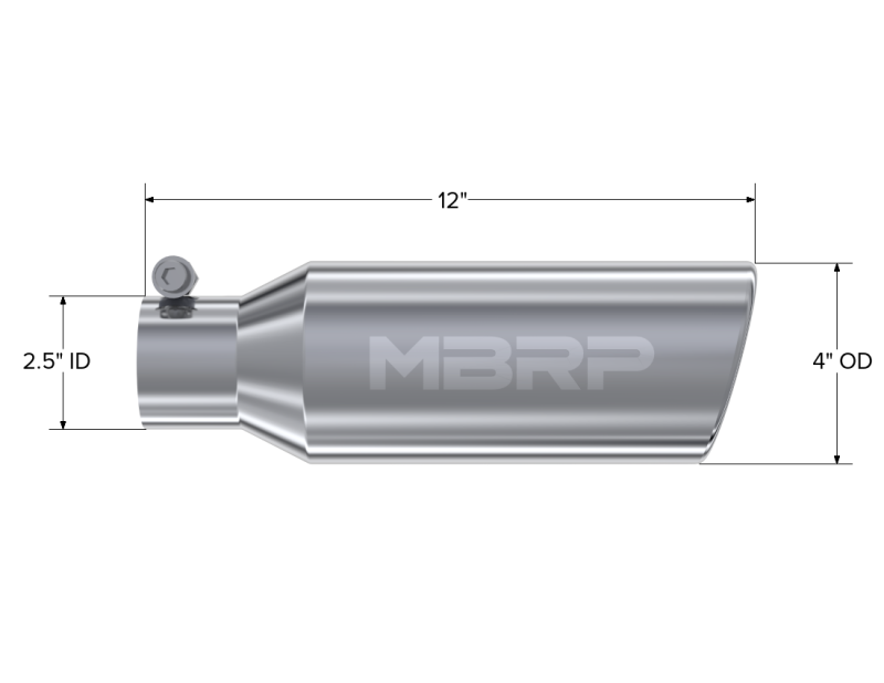 Load image into Gallery viewer, MBRP Universal Tip 4in OD 2.5in Inlet 12in Length Angled Cut Rolled End Clampless No-Weld T304
