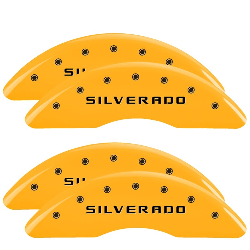 Load image into Gallery viewer, MGP 4 Caliper Covers Engraved Front &amp; Rear Silverado Yellow finish black ch
