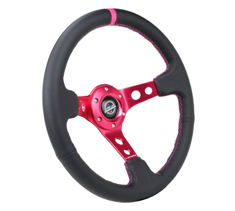 Load image into Gallery viewer, NRG Reinforced Steering Wheel (350mm/3in. Deep) Black Leather/ Fushia Center Mark/ Fushia Stitching

