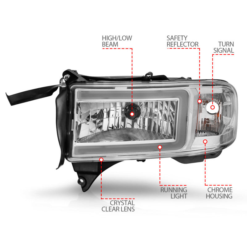Load image into Gallery viewer, ANZO 94-02 Dodge RAM Crystal Headlight - w/ Light Bar Chrome Housing
