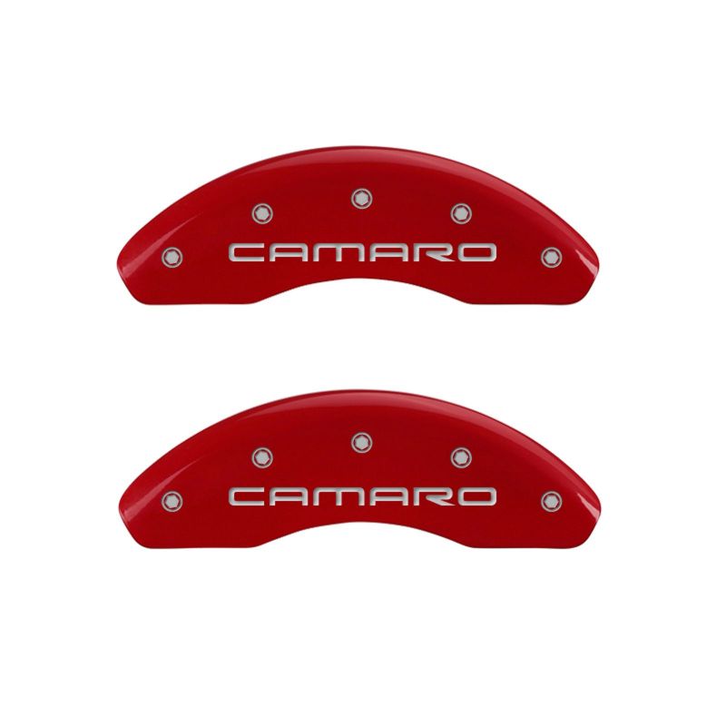 Load image into Gallery viewer, MGP 4 Caliper Covers Engraved Front &amp; Rear Gen 4/Camaro Red finish silver ch
