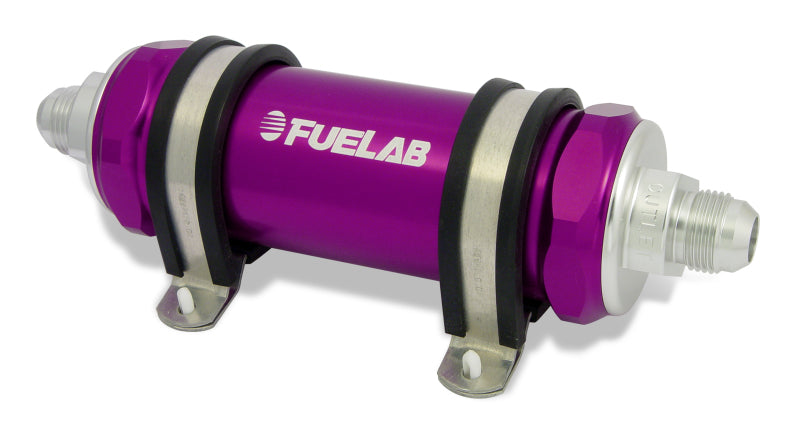 Load image into Gallery viewer, Fuelab 858 In-Line Fuel Filter Long -8AN In/Out 40 Micron Stainless w/Check Valve - Purple
