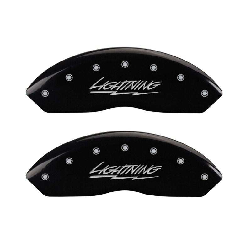 Load image into Gallery viewer, MGP 4 Caliper Covers Engraved Front &amp; Rear Lightning Black finish silver ch
