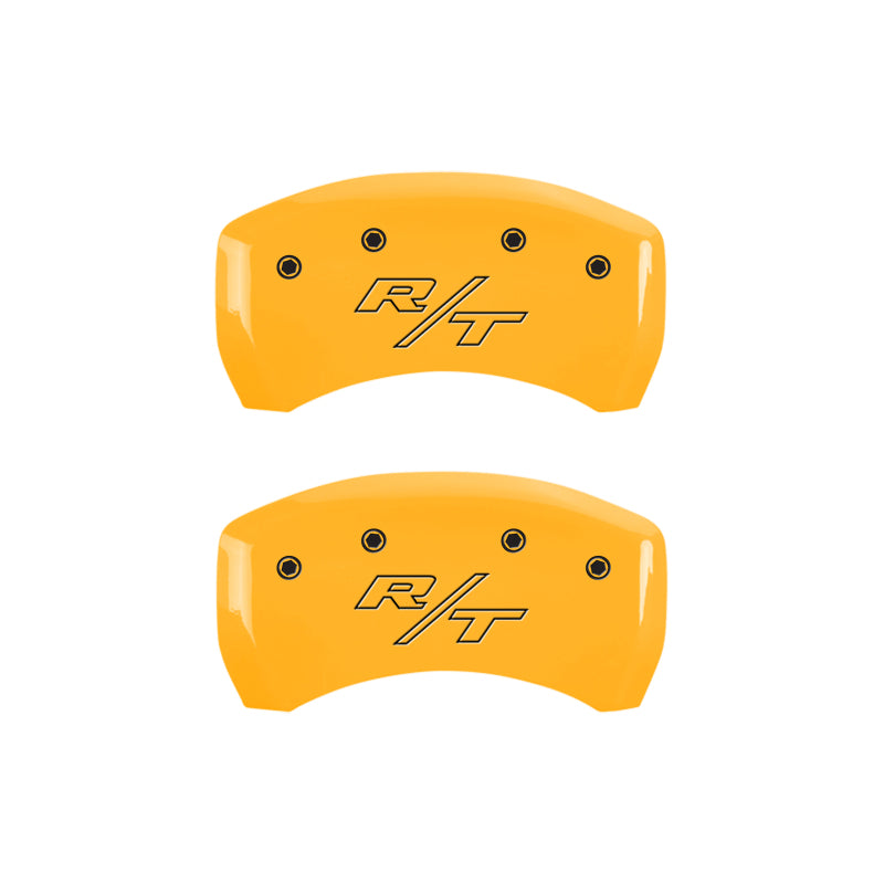 Load image into Gallery viewer, MGP 4 Caliper Covers Engraved Front Charger Rear RT Yellow Finish Black Char 2007 Dodge Charger
