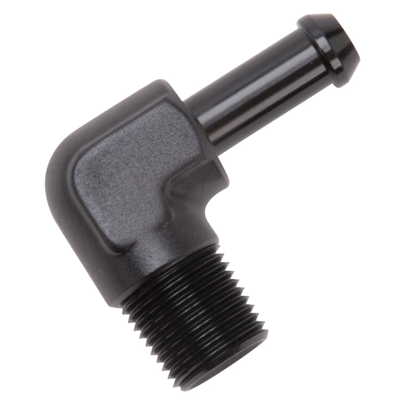 Load image into Gallery viewer, Edelbrock Hose End 90-Deg 3/8In NPT to 3/8In Barb Black Anodize
