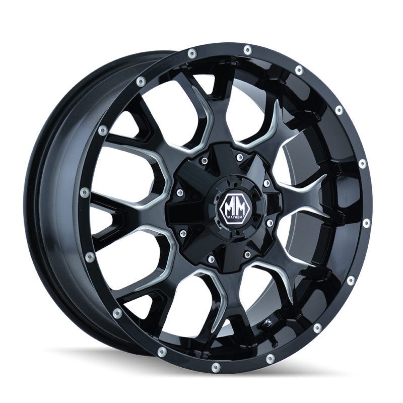 Load image into Gallery viewer, Mayhem 8015 Warrior 17x9 / 5x114.3 BP / 18mm Offset / 87mm Hub Black w/ Milled Spokes Wheel
