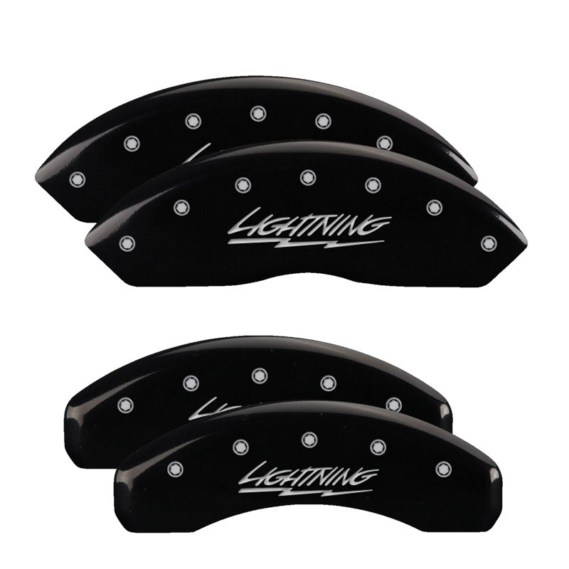 Load image into Gallery viewer, MGP 4 Caliper Covers Engraved Front &amp; Rear Lightning Black finish silver ch
