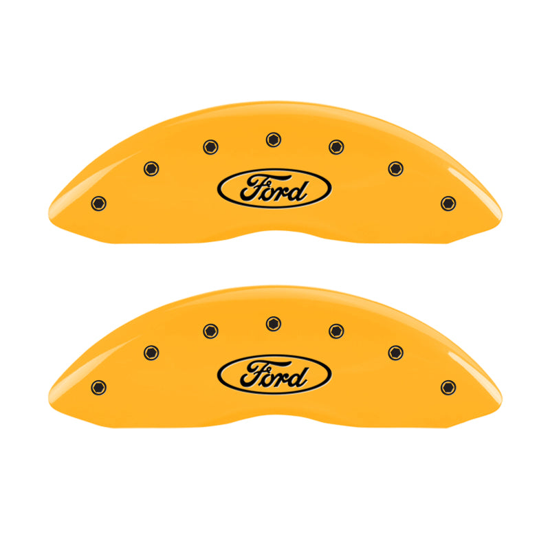 Load image into Gallery viewer, MGP 4 Caliper Covers Engraved Front &amp; Rear Oval logo/Ford Yellow finish black ch
