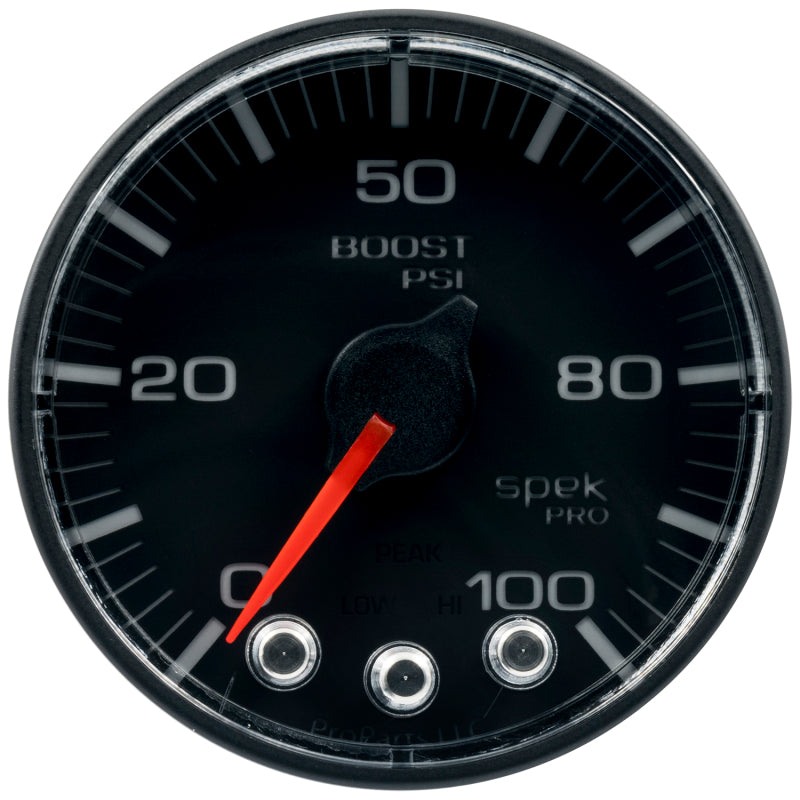 Load image into Gallery viewer, Autometer Spek-Pro Gauge Boost 2 1/16in 100psi Stepper Motor W/Peak &amp; Warn Blk/Blk
