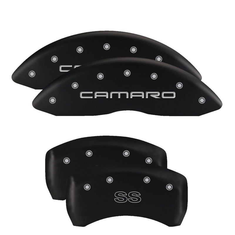 Load image into Gallery viewer, MGP 4 Caliper Covers Engraved Front &amp; Rear With stripes/Dodge Black finish silver ch

