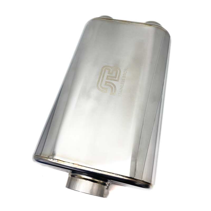 Load image into Gallery viewer, Stainless Bros 17in Overall Length 3in Thin Oval SS304 Muffler - 3in Offset In/Offset Out
