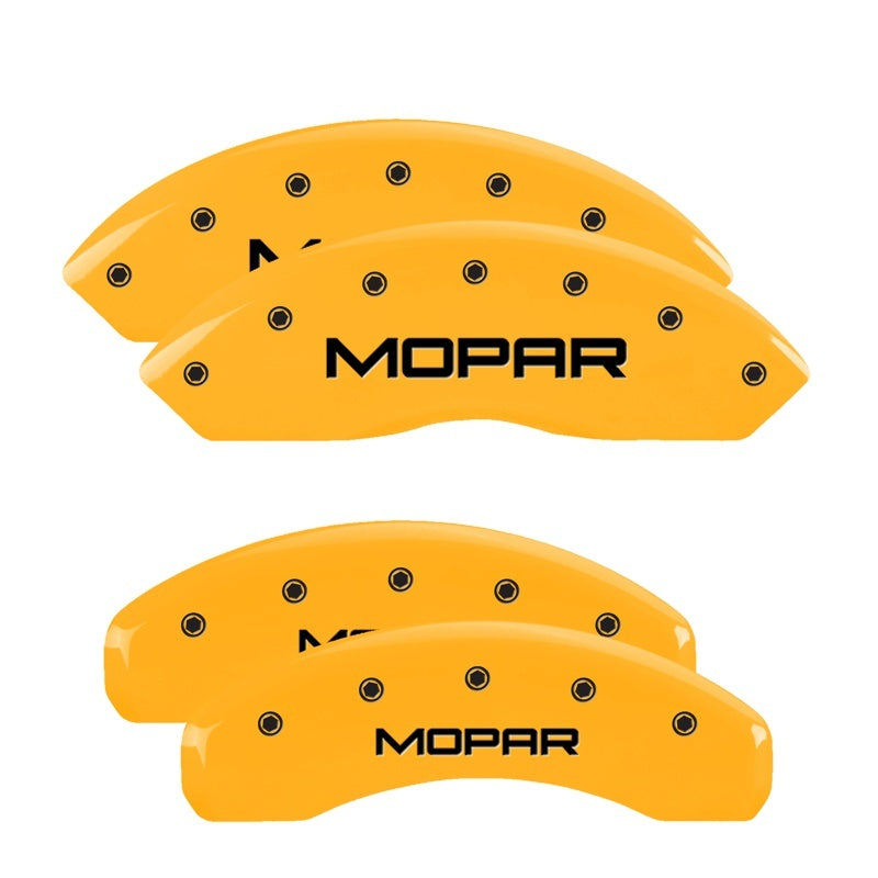 Load image into Gallery viewer, MGP 4 Caliper Covers Engraved Front &amp; Rear MOPAR Yellow finish black ch
