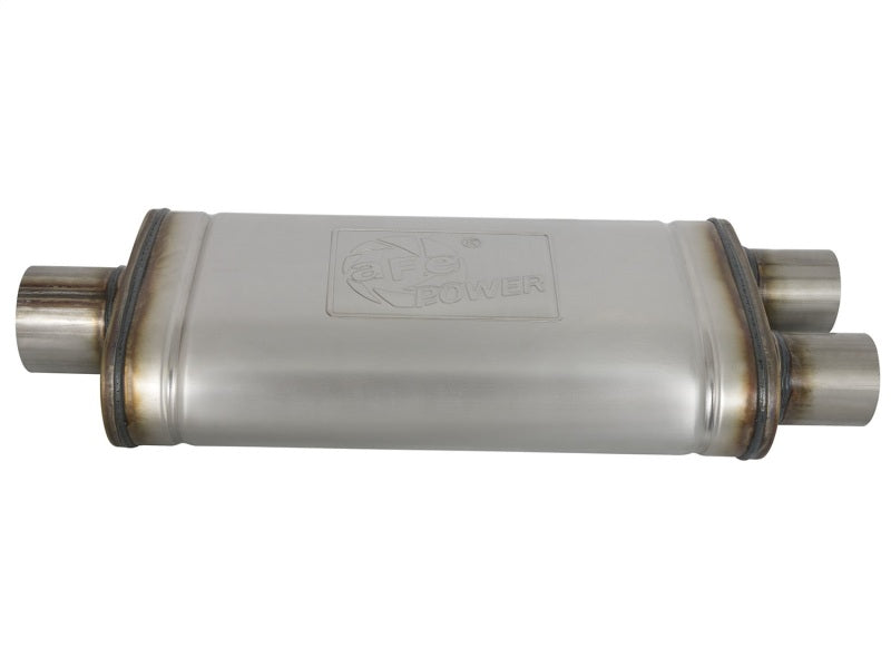 Load image into Gallery viewer, aFe MACHForce XP SS Muffler 3in Center Inlet / 2.5in Dual Outlets 18in L x 9in W x4in H Body
