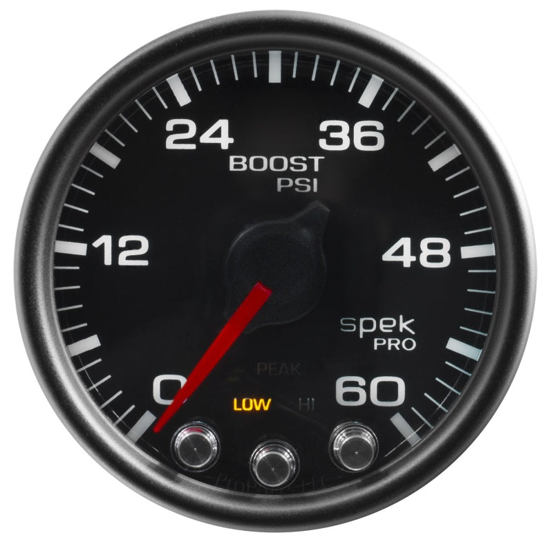 Load image into Gallery viewer, Autometer Spek-Pro Gauge Boost 2 1/16in 60psi Stepper Motor W/Peak &amp; Warn Blk/Black
