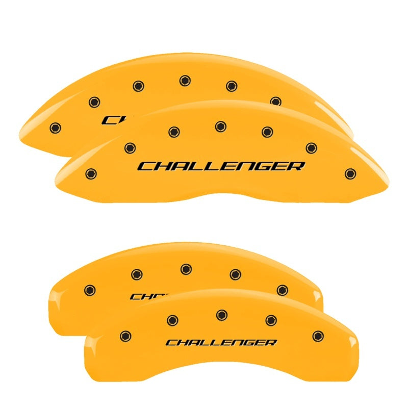 Load image into Gallery viewer, MGP 4 Caliper Covers Engraved Front &amp; Rear Block/Challenger Yellow finish black ch
