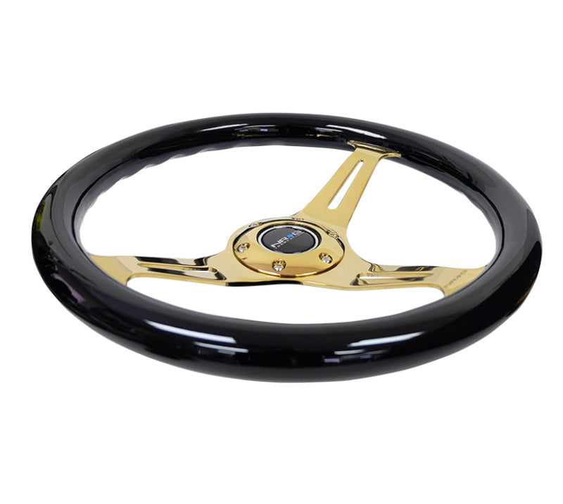 Load image into Gallery viewer, NRG Classic Wood Grain Steering Wheel (350mm) Black Grip w/Chrome Gold 3-Spoke Center
