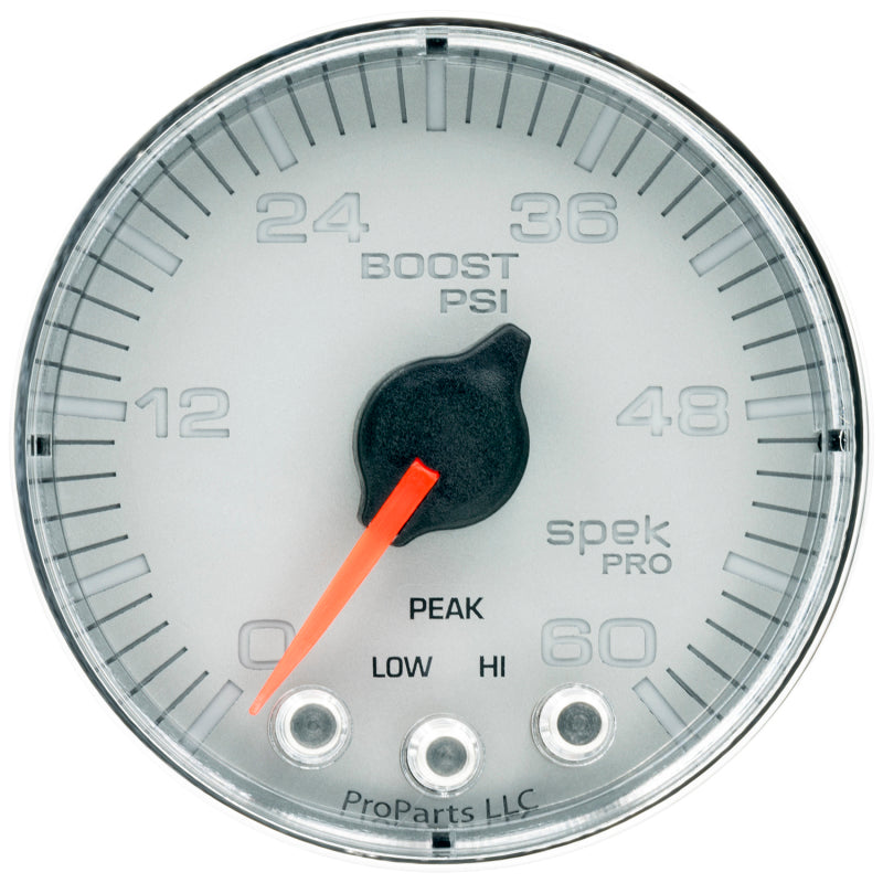 Load image into Gallery viewer, Autometer Spek-Pro Gauge Boost 2 1/16in 60psi Stepper Motor W/Peak &amp; Warn Slvr/Chrm
