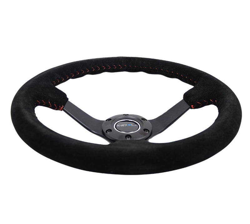 Load image into Gallery viewer, NRG Reinforced Steering Wheel (350mm / 3in. Deep) Blk Suede/Red BBall Stitch w/5mm Matte Blk Spokes
