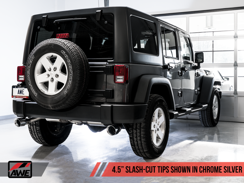 Load image into Gallery viewer, AWE Tuning 07-18 Jeep Wrangler JK/JKU 3.6L Tread Edition Axle-Back Dual Exhaust - Chrome Silver Tips
