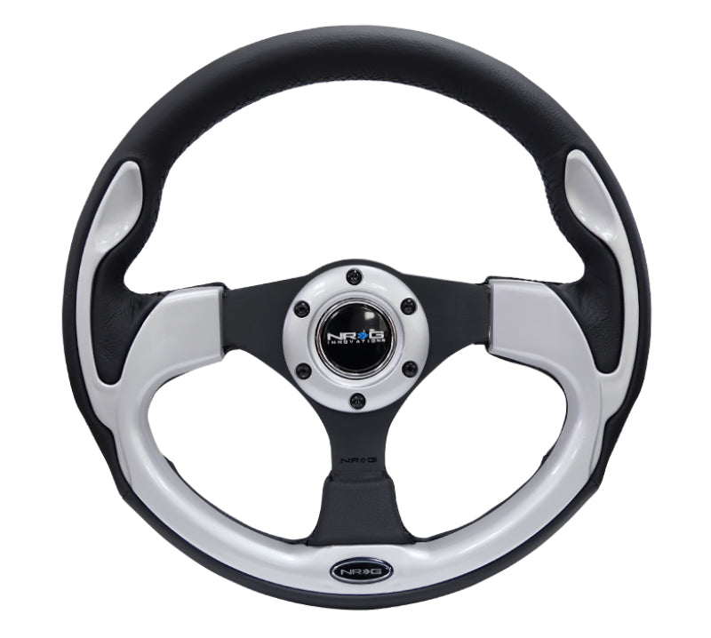 Load image into Gallery viewer, NRG Reinforced Steering Wheel (320mm) Blk w/Silver Trim &amp; 5mm 3-Spoke
