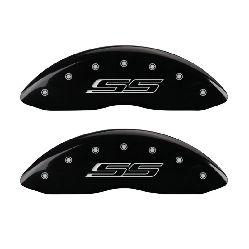 Load image into Gallery viewer, MGP 4 Caliper Covers Engraved Front &amp; Rear Gen 5/SS Black finish silver ch
