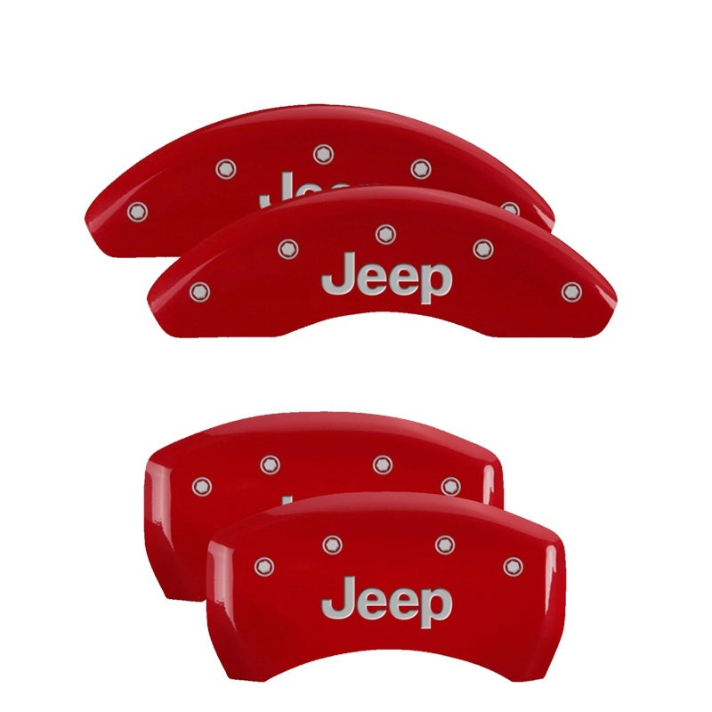 Load image into Gallery viewer, MGP 4 Caliper Covers Engraved Front &amp; Rear JEEP Red finish silver ch
