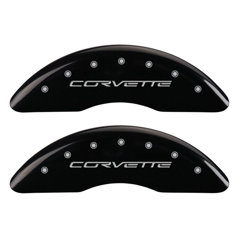 Load image into Gallery viewer, MGP 4 Caliper Covers Engraved Front &amp; Rear C6/Corvette Black finish silver ch
