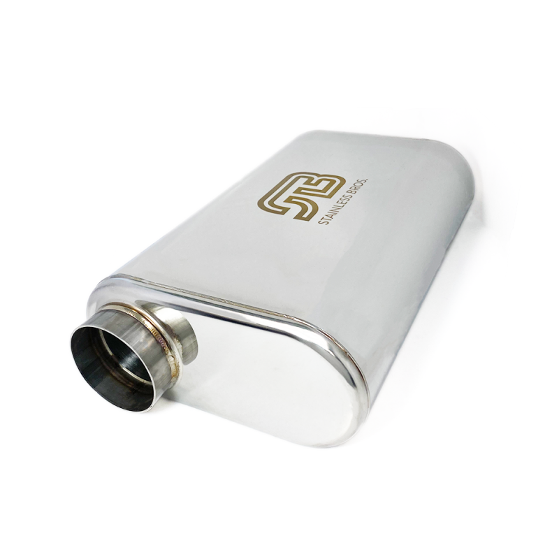 Load image into Gallery viewer, Stainless Bros 17in Overall Length 3in Thin Oval SS304 Muffler - 3in Offset In/Offset Out
