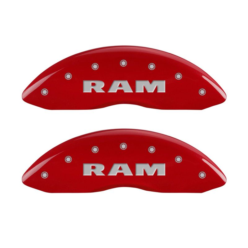 Load image into Gallery viewer, MGP 4 Caliper Covers Engraved Front &amp; Rear RAM Red finish silver ch
