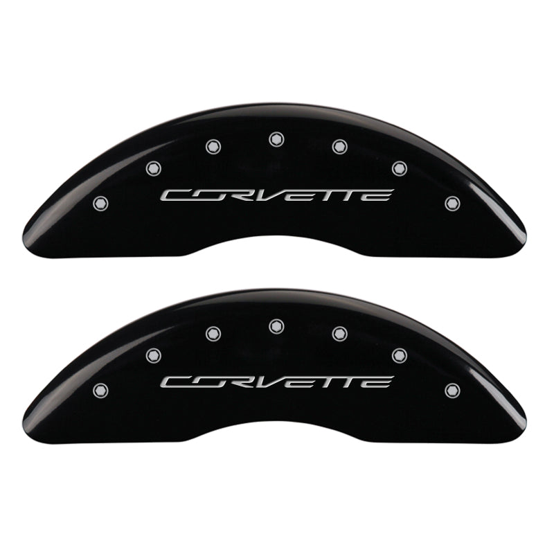 Load image into Gallery viewer, MGP 4 Caliper Covers Engraved Front &amp; Rear C7/Corvette Black finish silver ch
