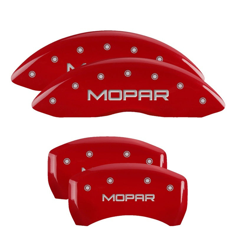 Load image into Gallery viewer, MGP 4 Caliper Covers Engraved Front &amp; Rear MOPAR Red finish silver ch
