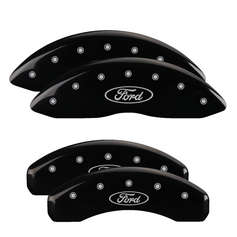 Load image into Gallery viewer, MGP 4 Caliper Covers Engraved Front &amp; Rear Oval logo/Ford Black finish silver ch
