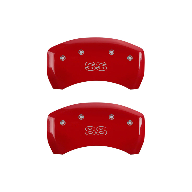 Load image into Gallery viewer, MGP 4 Caliper Covers Engraved Front &amp; Rear Classic/SS Red finish silver ch
