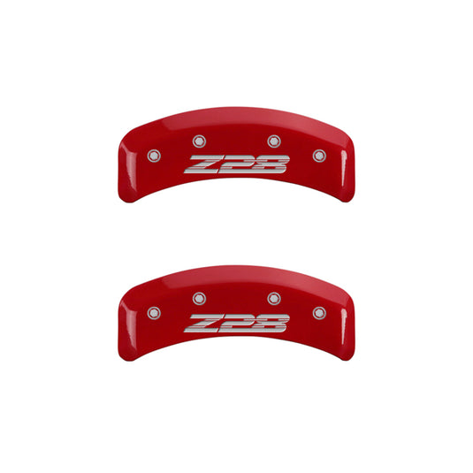 MGP 4 Caliper Covers Engraved Front Gen 4/Camaro Engraved Rear Gen 4/Z28 Red finish silver ch