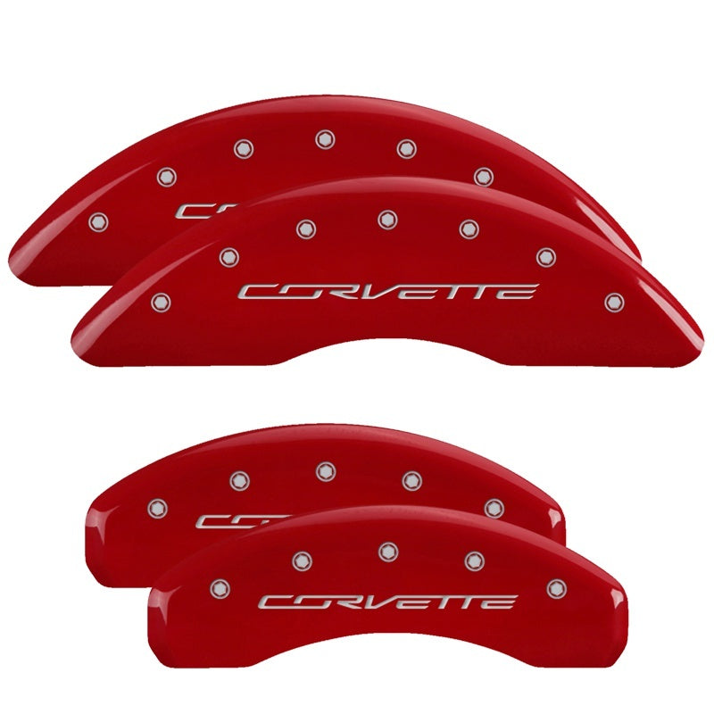 Load image into Gallery viewer, MGP 4 Caliper Covers Engraved Front &amp; Rear C7/Corvette Red finish silver ch
