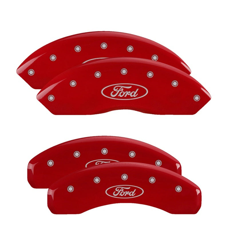 Load image into Gallery viewer, MGP 4 Caliper Covers Engraved Front &amp; Rear Oval logo/Ford Red finish silver ch
