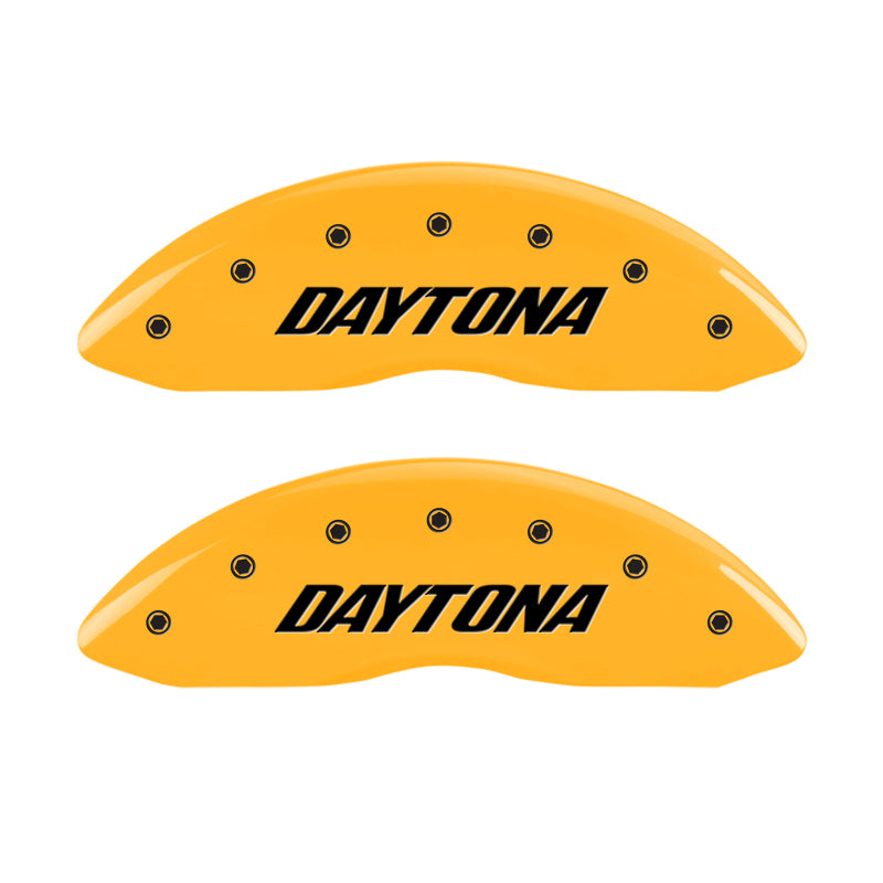 Load image into Gallery viewer, MGP 4 Caliper Covers Engraved Front &amp; Rear Daytona Yellow Finish Black Char 2006 Dodge Charger
