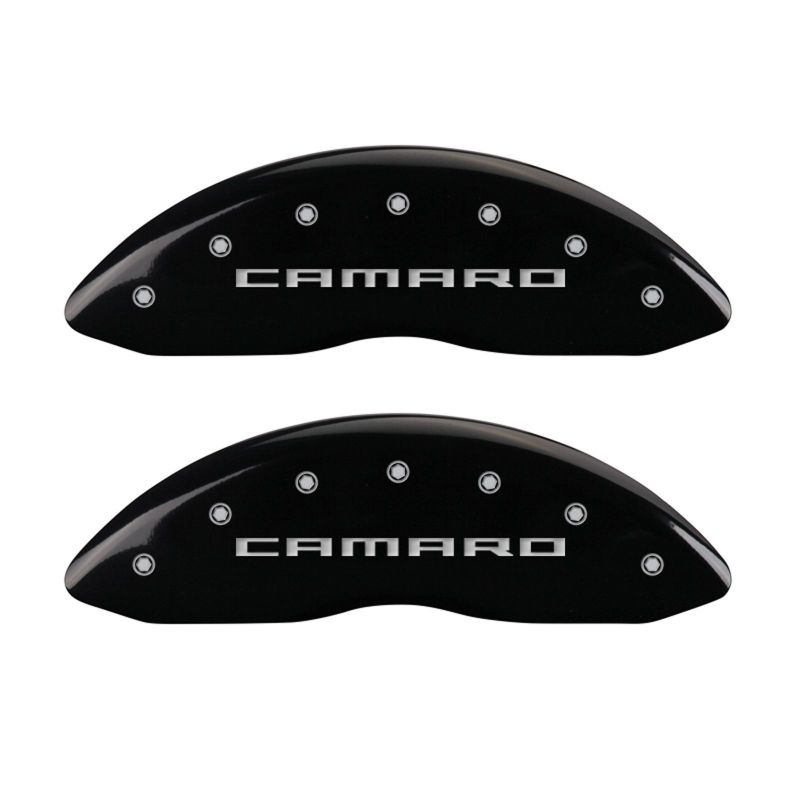 Load image into Gallery viewer, MGP 4 Caliper Covers Engraved Front Gen 5/Camaro Engraved Rear Gen 5/RS Black finish silver ch
