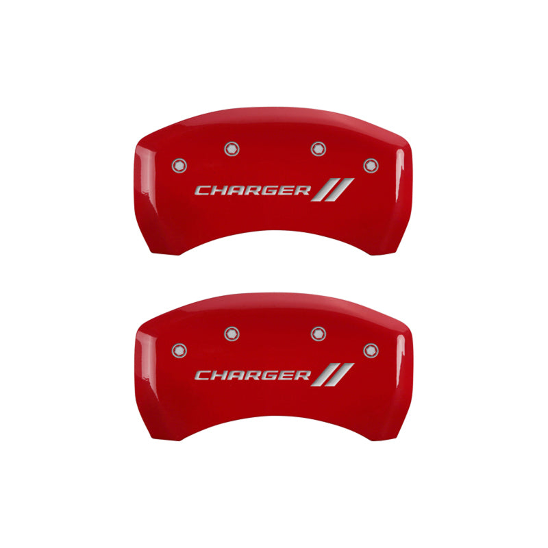 Load image into Gallery viewer, MGP 4 Caliper Covers Engraved Front &amp; Rear With stripes/Charger Yellow finish black ch

