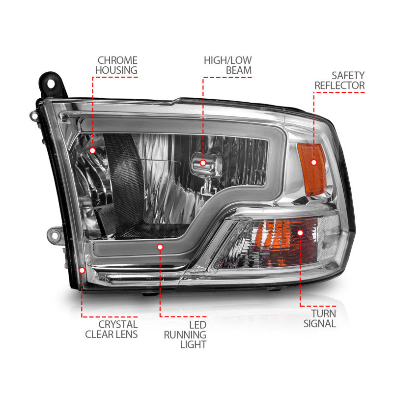 Load image into Gallery viewer, ANZO 2009-2018 Dodge Ram 1500/ 2500/ 3500 Crystal Headlights w/ Light Bar Chrome Housing
