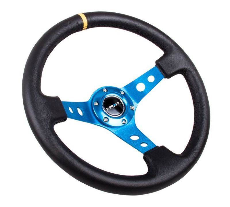 Load image into Gallery viewer, NRG Reinforced Steering Wheel (350mm / 3in. Deep) Blk Leather w/Blue Cutout Spoke &amp; Single Yellow CM
