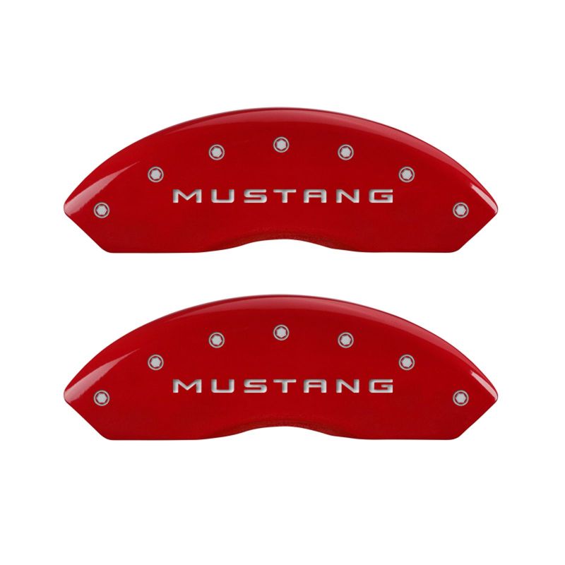 Load image into Gallery viewer, MGP 4 Caliper Covers Engraved Front Mustang Engraved Rear 37 Red finish silver ch
