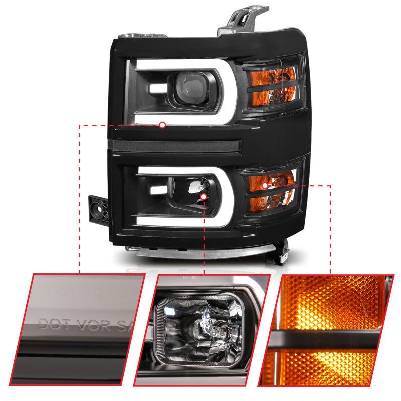 Load image into Gallery viewer, ANZO 14-15 Chevrolet Silverado 1500 Projector Headlights w/ Plank Style Switchback Black w/ Amber
